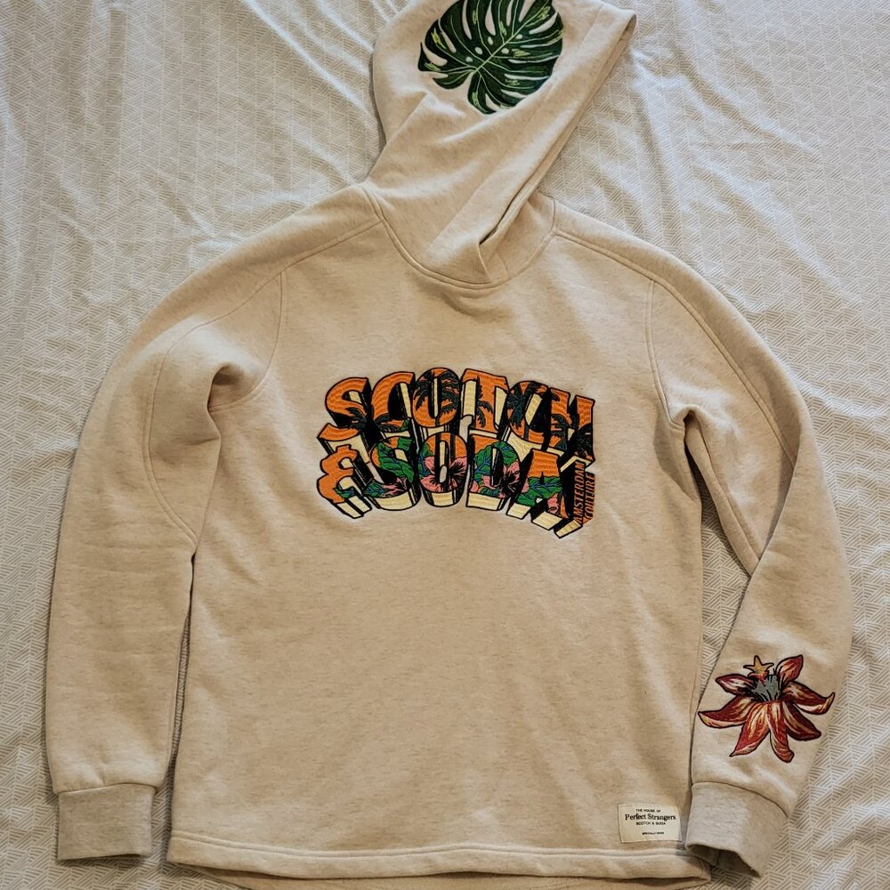 Scotch & Soda Men's Hoodie | Size S | Tropical Embroidery, Beige